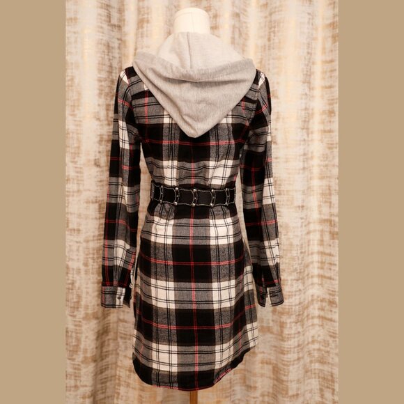Love Tree B/W Flannel Shirt Dress w/Hoodie Collar Size S (belt not included) - Picture 2 of 8